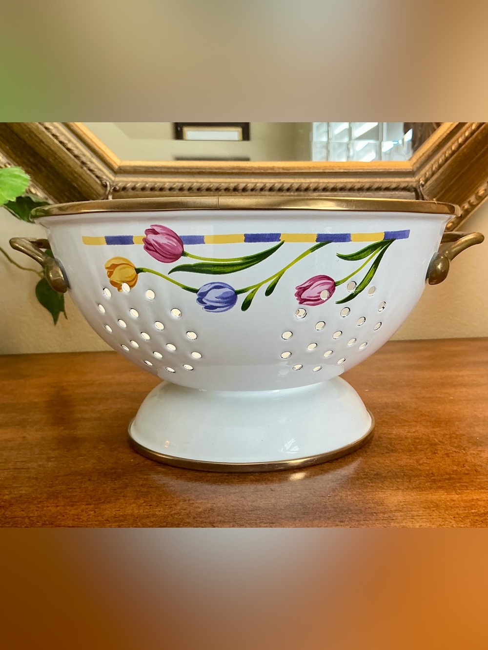 White Enameled Floral Designed Colander